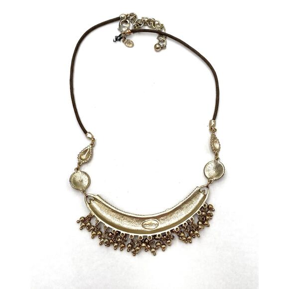 Chico’s Necklace light Gold Tone Bar with Dangles Brown Cords Costume 19”+ 4” - Picture 5 of 9